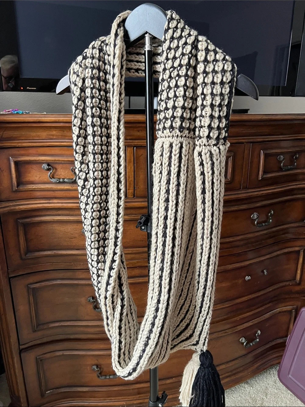 Handcrafted Cream and Black Knit Infinity Scarf with Tassels